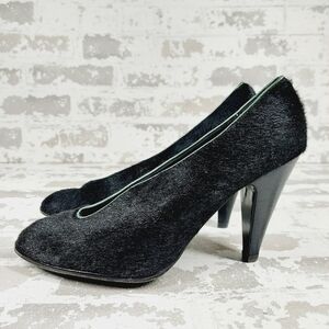 Salvador Sapena Black Fur Slip On Round Toe Business Casual Heels O292